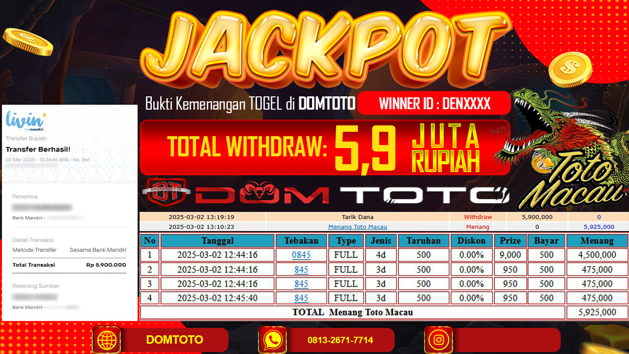 JACKPOT TOGEL TOTOMACAU 4D 2 MARET 2025